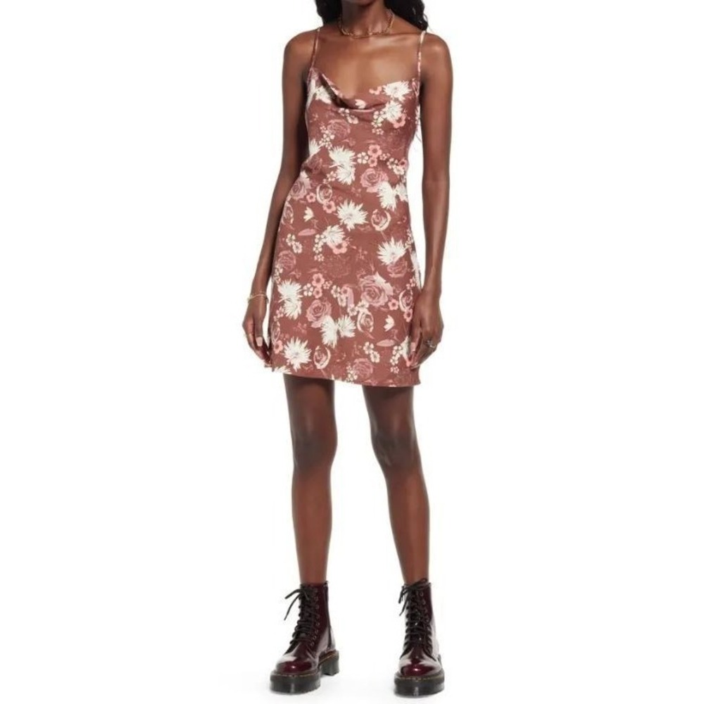 BP. Women's Satin Cowl Neck‎ Sleeveless Mini Dress Brown Pink Rain Garden Medium